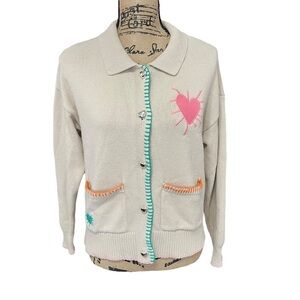 XOKR Kerri Rosenthal Cardigan Sweater Heart Smiles Embroidered Beige Size Small